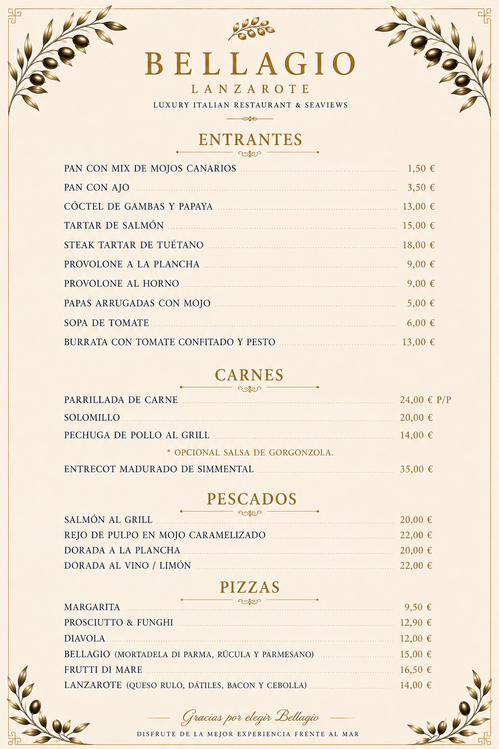 Carta Bellagio Lanzarote — Entrantes, Carnes, Pescados y Pizzas