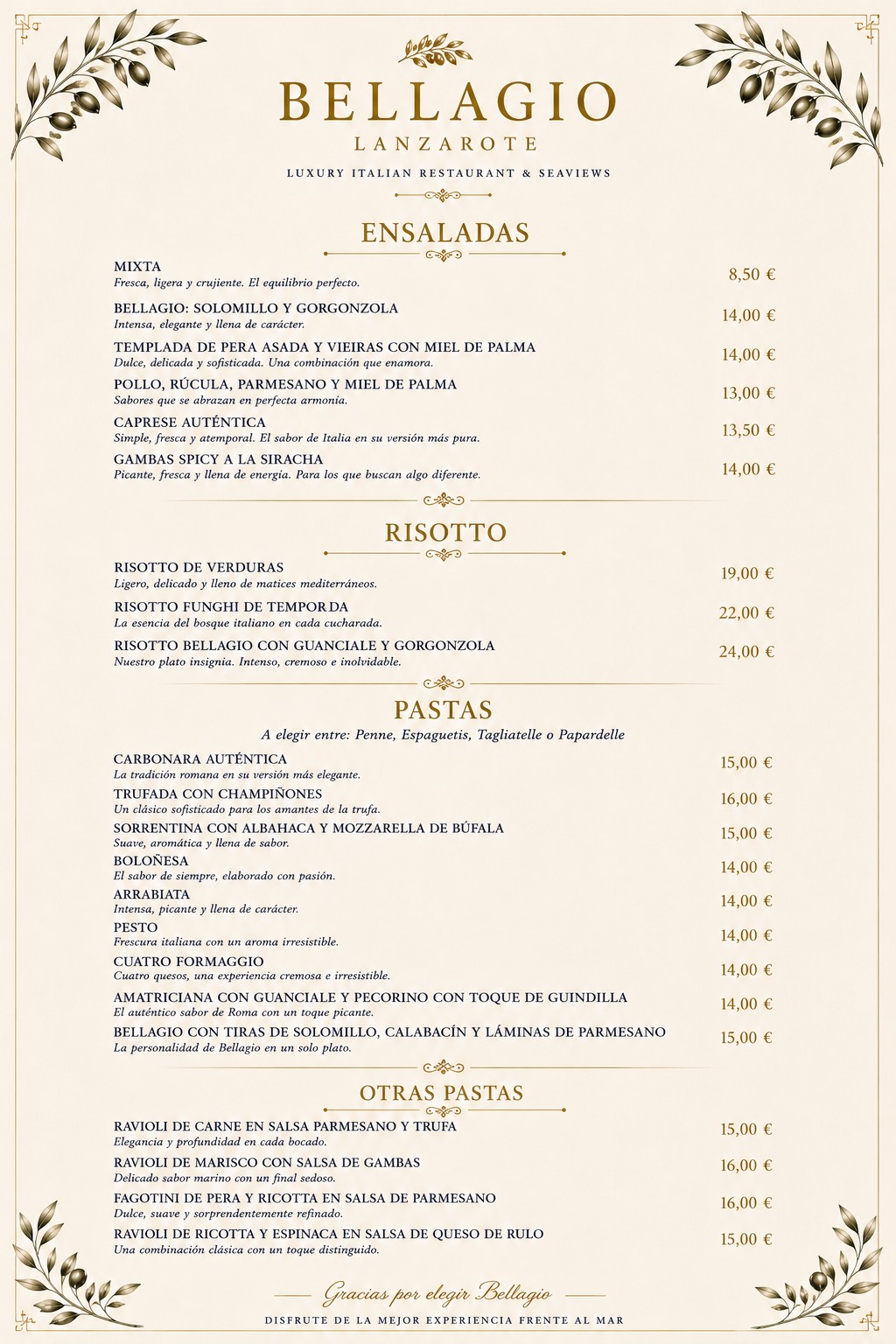 Carta Bellagio Lanzarote — Ensaladas, Risotto y Pastas