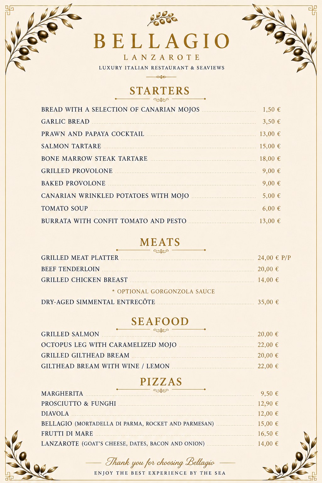 Bellagio Lanzarote Menu — Starters, Meats, Seafood and Pizzas