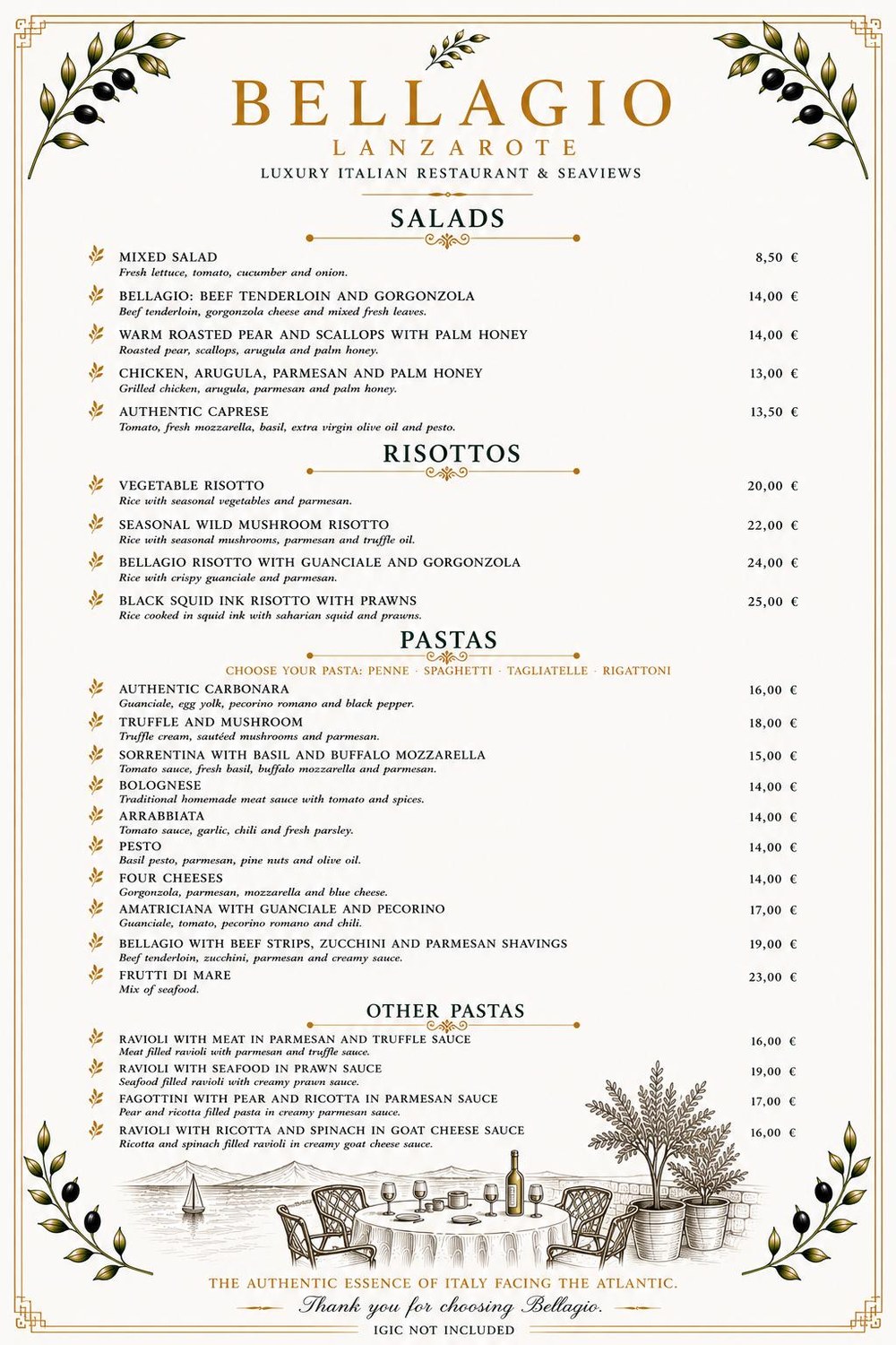 Bellagio Lanzarote Menu — Salads, Risottos and Pastas
