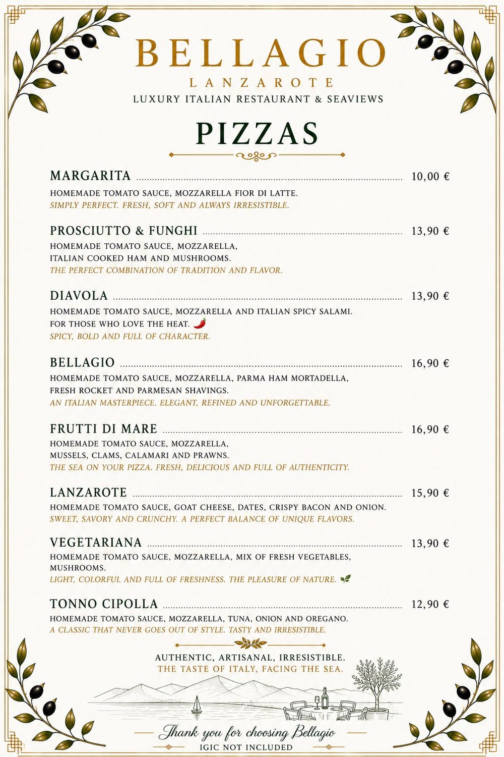 Bellagio Lanzarote Menu — Pizzas