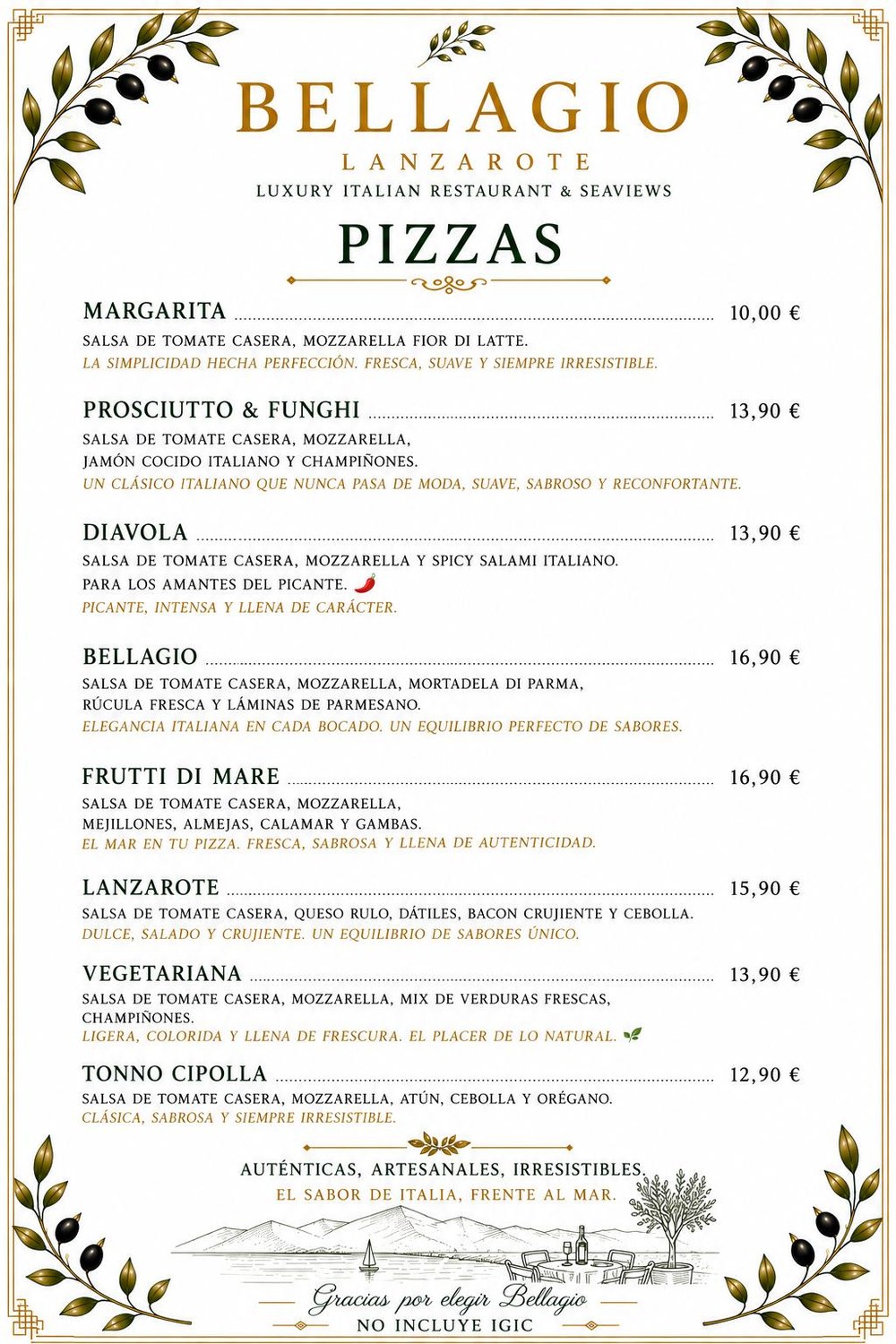 Carta Bellagio Lanzarote — Pizzas